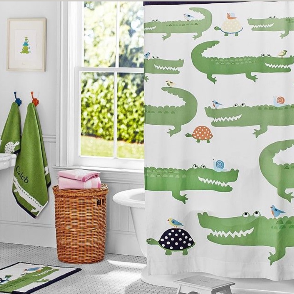 Pottery Barn Kids Green Crocodile Print Shower Curtain liner & hooks whimsy